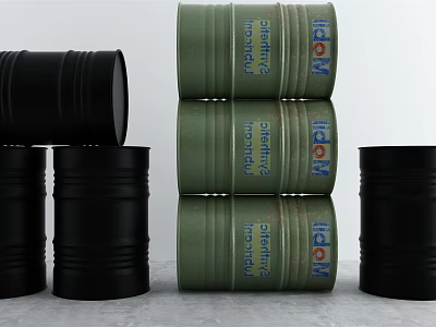 Black And Green Industrial Drums Stacked For Hydraulic Synthetic Oil Storage 3d model