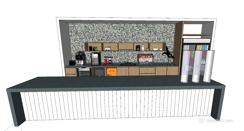 Modern Bar Counter With Patterned Backsplash Wall Cabinets And Kitchen Appliances 3d model