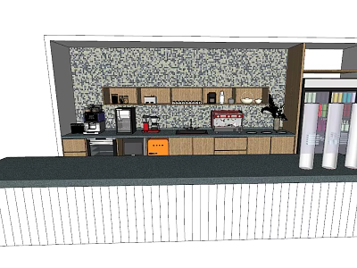 Modern Bar Counter With Patterned Backsplash Wall Cabinets And Kitchen Appliances 3d model