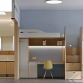 Modern Dormitory Room Interior With Bunk Beds Desks Storage Cabinets Yellow Chairs And Blue Walls