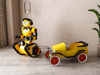 Playful Yellow Robot And Vintage Toy Car On Marble Floor With Potted Plant 3d model