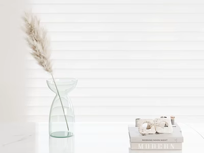 Transparent Glass Vase With Dried Pampas Grass On White Tabletop And White Blinds Background 3d model