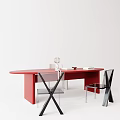 Red Modern Desk With Transparent Chairs Glass Globe Decoration Red Bowl And Books