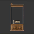 Wooden Display Cabinet with Glass Doors Holding Stone Artifact and Drawers at Bottom