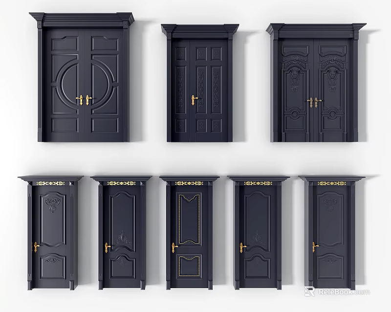 Dark Swing Doors With Golden Handles Various Designs And Decorative Patterns 3d model