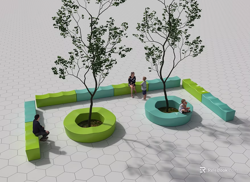 Modern Circular Public Seats With Trees And People On Hexagonal Floor 3d model