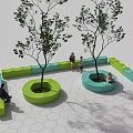 Modern Circular Public Seats With Trees And People On Hexagonal Floor 3d model
