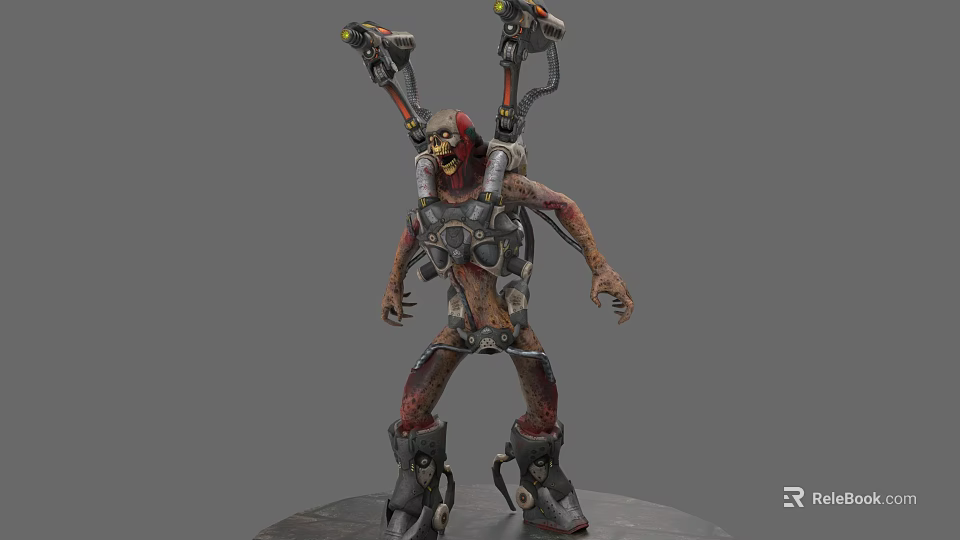 Bloody Damaged Game Movie Character With Mechanical Back Weapons And Armor 3d model 