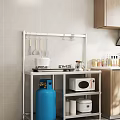Wooden Kitchen Cabinets Featuring Metal Shelf Microwave Cooking Utensils And Storage Boxes
