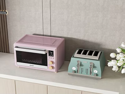 Pink Microwave And Green Toaster Kitchen Appliances On White Countertop With White Flowers 3d model