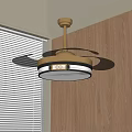 Elegant Modern Brass Chandelier With Circular Glass Shades In Room With Wooden Walls And Window Blinds