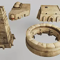 Ancient Style Stone Architectural Models Including Tower Dome Square Building And Circular Structures 3d model
