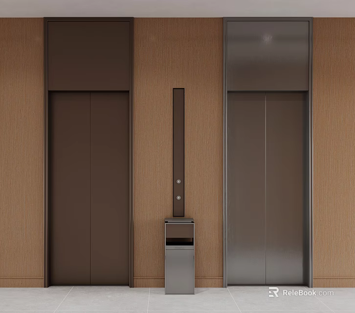 Modern Elevator Doors In Brown And Silver With Wooden Wall Panel And Control Unit 3d model