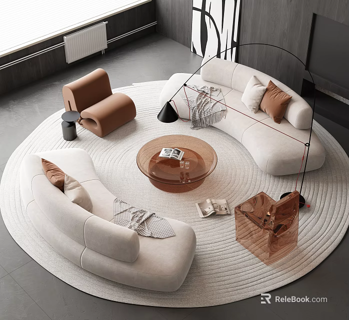 Modern Curved Beige Sofa with Round Glass Coffee Table and Accent Chair in Living Room 3d model 