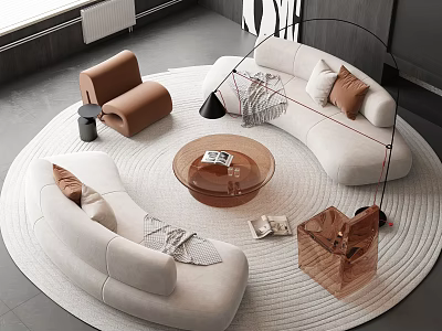 Modern Curved Beige Sofa with Round Glass Coffee Table and Accent Chair in Living Room 3d model
