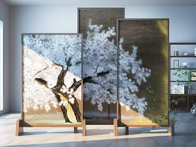 Elegant Cherry Blossom Room Divider With Wooden Frame And Light Shadow Effect 3d model