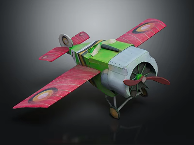 Handmade Toy Airplane With Green Body Red Wings And Rotating Propeller Craft Design 3d model