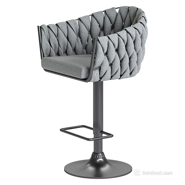 Modern Gray Upholstered Bar Stool With Woven Back And Metal Base 3d model 