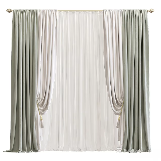 Elegant Light Green And Cream Curtains With Soft Drapery And Tassel Details For Home Interior 3d model 