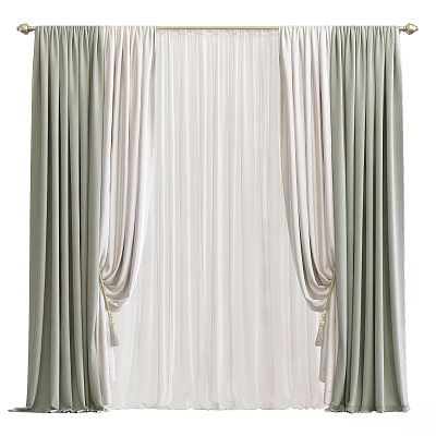 Elegant Light Green And Cream Curtains With Soft Drapery And Tassel Details For Home Interior 3d model