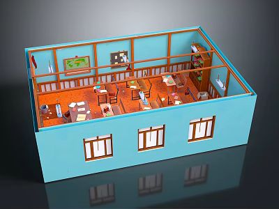 Cartoon Classroom Scene with Blue Walls Wooden Floor Tables Chairs Paintings Windows and Bookshelf 3d model