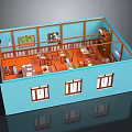 Cartoon Classroom Scene with Blue Walls Wooden Floor Tables Chairs Paintings Windows and Bookshelf
