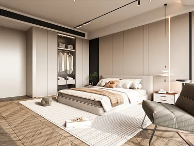 Modern Bedroom Interior Design With Built-in Wardrobe King Bed Accent Chair And Herringbone Rug 3d model