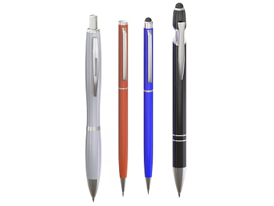 Stylish Retractable Ballpoint Pens In Silver Orange Blue And Black Colors 3d model