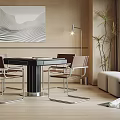 Modern Hotel Mahjong Room With Wooden Walls Landscape Painting And Black Table Chairs