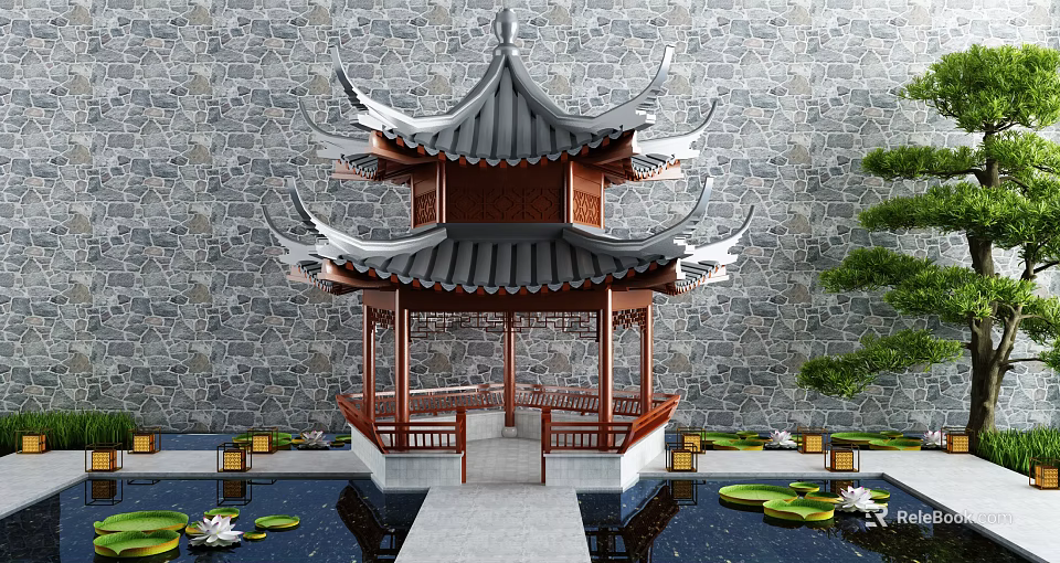 Traditional Chinese Landscape Pavilion Featuring Curved Eaves Wooden Structure And Lotus Pond With Stone Path 3d model 