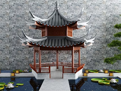 Traditional Chinese Landscape Pavilion Featuring Curved Eaves Wooden Structure And Lotus Pond With Stone Path 3d model