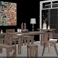 Modern Dining Room Featuring Wooden Table Chairs Stools Colorful Collage And Window Blinds