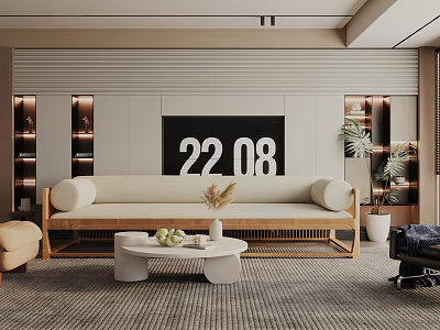 Modern Living Room Interior With Beige Sofa Coffee Table TV Wall And Plants 3d model