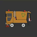 Yellow Street Sweeper Truck with Red Warning Lights Red Brushes and Green Recycling Logo
