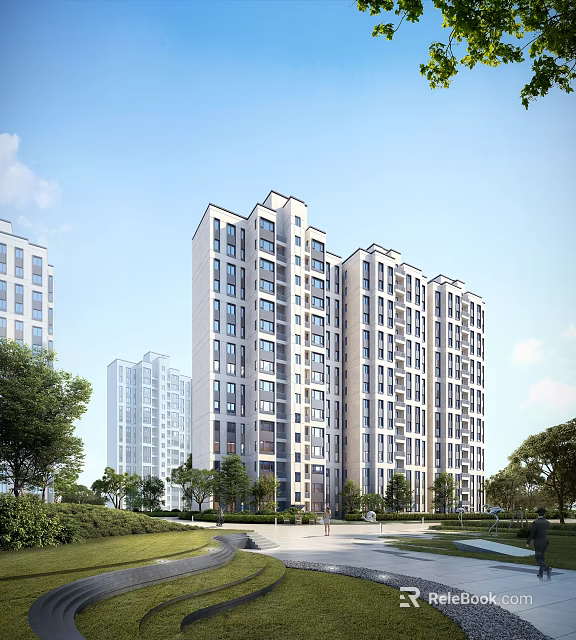Modern Multiple Floor Residential Building With White Facade And Surrounding Green Trees Lawns 3d model 
