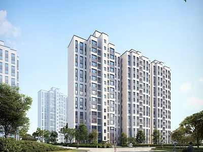 Modern Multiple Floor Residential Building With White Facade And Surrounding Green Trees Lawns 3d model