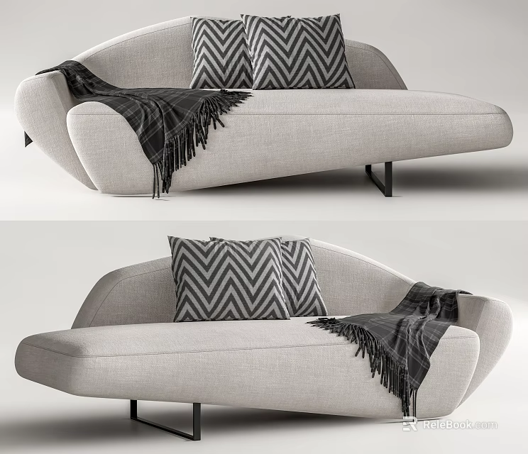Modern Sectional Sofa Light Gray Upholstery Chevron Pillows Fringed Throw Curved Design Black Metal Legs 3d model 