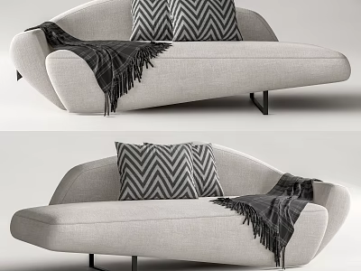 Modern Sectional Sofa Light Gray Upholstery Chevron Pillows Fringed Throw Curved Design Black Metal Legs 3d model
