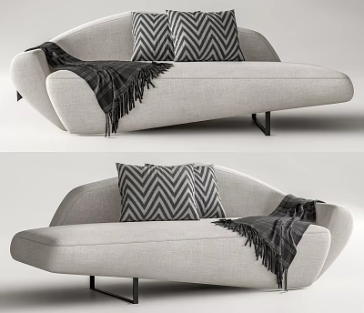 Modern Sectional Sofa Light Gray Upholstery Chevron Pillows Fringed Throw Curved Design Black Metal Legs 3d model
