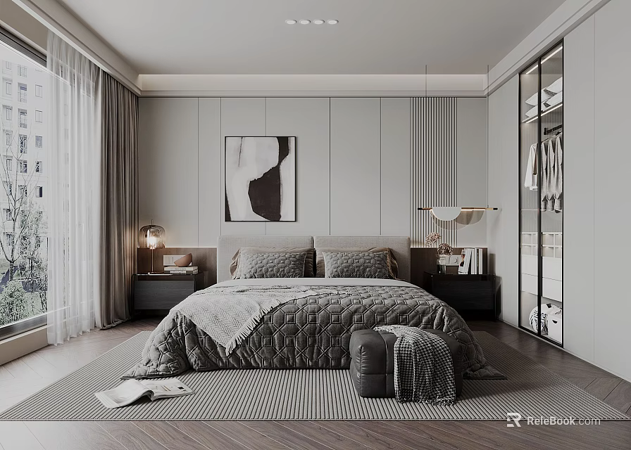 Modern Bedroom Interior Design With Gray Bedding Nightstands Abstract Painting And Glass Wardrobe 3d model 
