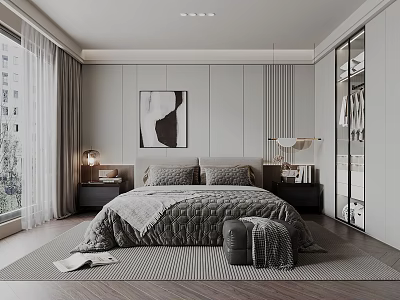Modern Bedroom Interior Design With Gray Bedding Nightstands Abstract Painting And Glass Wardrobe 3d model