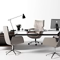 Modern Office Desk With Glass Top Light Colored Chairs Black Lamp And Laptop