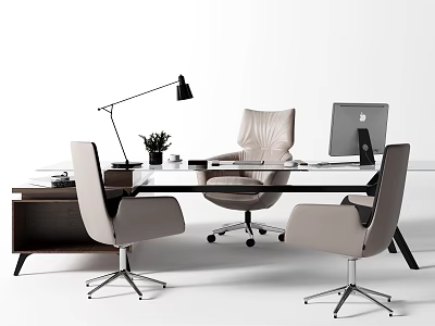 Modern Office Desk With Glass Top Light Colored Chairs Black Lamp And Laptop 3d model