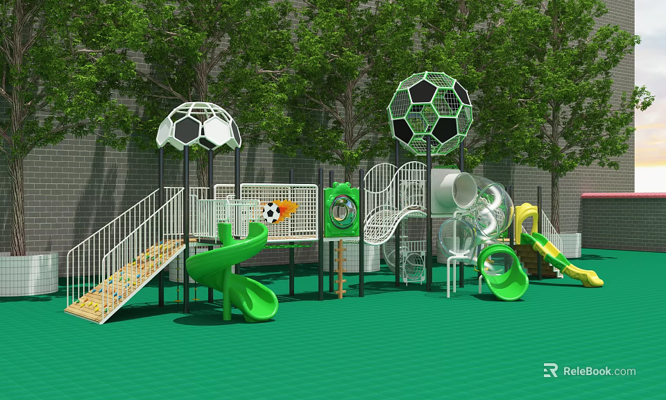 Kindergarten Outdoor Playground With Green Floor Soccer Ball Shaped Structures Slides And Trees 3d model 