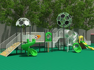 Kindergarten Outdoor Playground With Green Floor Soccer Ball Shaped Structures Slides And Trees 3d model