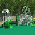 Kindergarten Outdoor Playground With Green Floor Soccer Ball Shaped Structures Slides And Trees