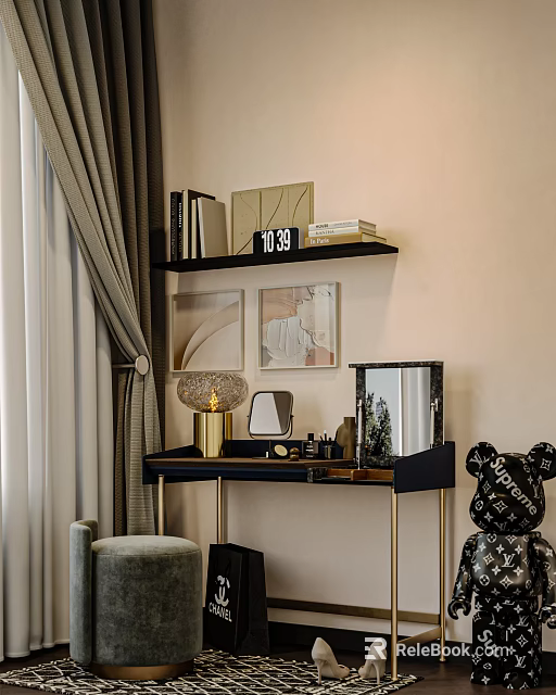 Elegant Modern Dressing Table Interior Design With Wall Shelf Decorative Paintings Lamp Mirror And Cosmetics 3d model 