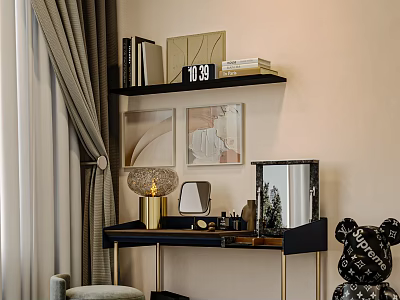 Elegant Modern Dressing Table Interior Design With Wall Shelf Decorative Paintings Lamp Mirror And Cosmetics 3d model
