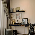 Elegant Modern Dressing Table Interior Design With Wall Shelf Decorative Paintings Lamp Mirror And Cosmetics