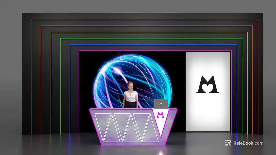 Modern Purple Geometric Reception Desk With Neon Lights Blue Glowing Sphere And Branding Logo 3d model 